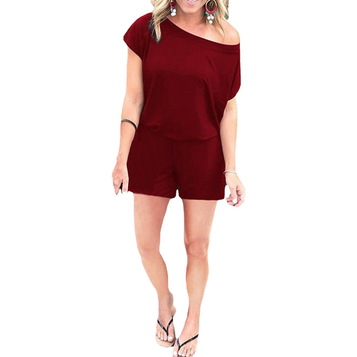 Women's Stylish Off-Shoulder Short Sleeve Cotton Jumpsuit