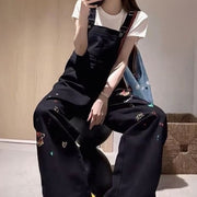 Cartoon Embroidered High-Waisted Loose Denim Suspender Pants