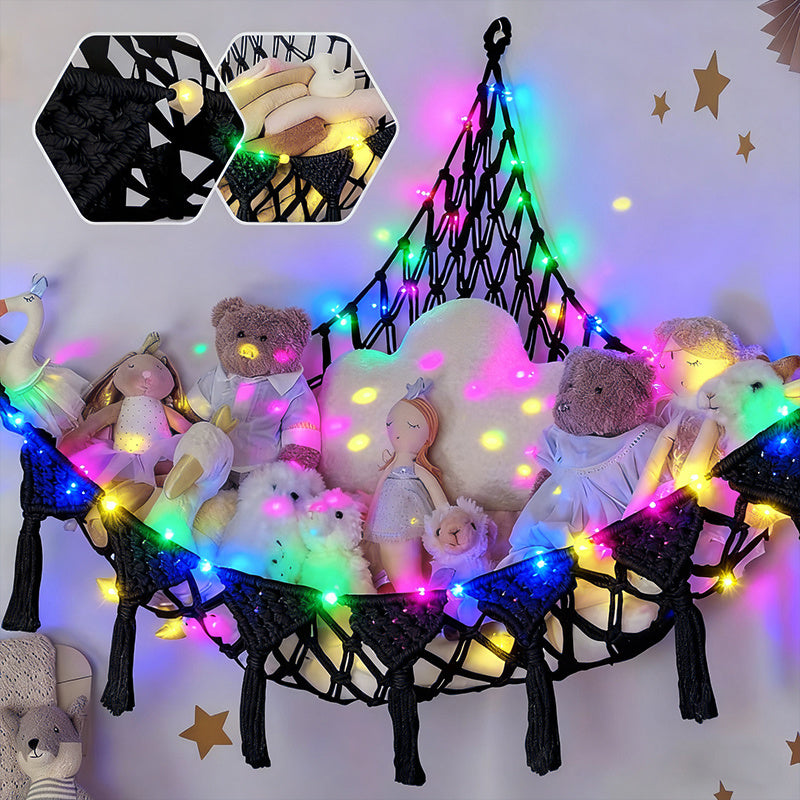 Four‑Color Illuminated Plush Storage Net with Heart‑Shaped Tassels and Hooks