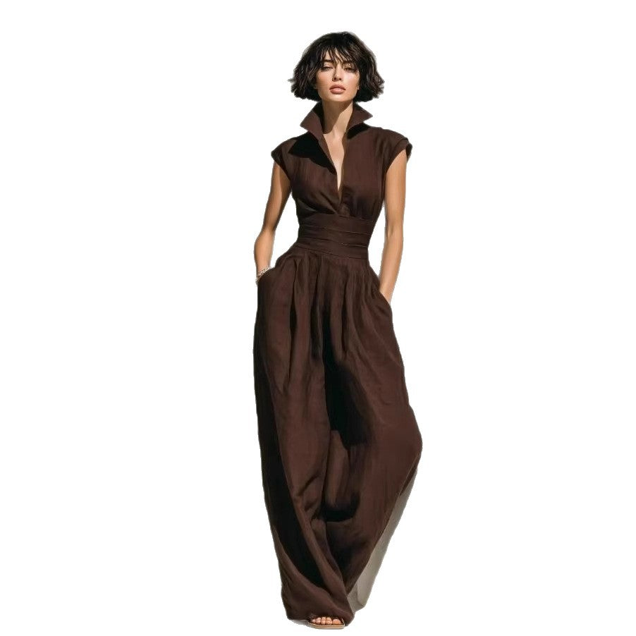 Elegant Pleated Waist-Cinching Solid Women's Jumpsuit