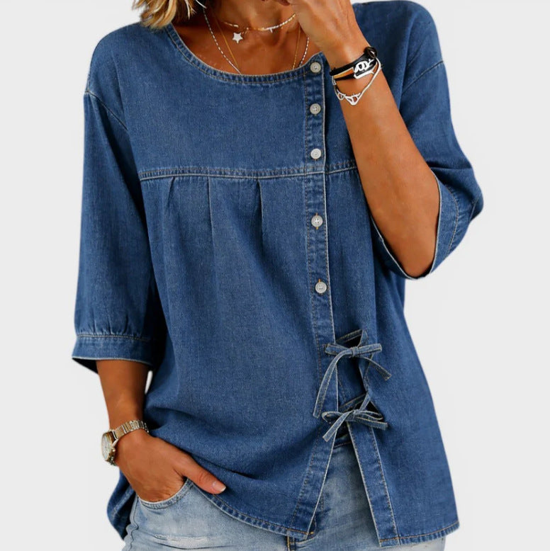 Womens Long-sleeve Printed Blouse With Tie Details