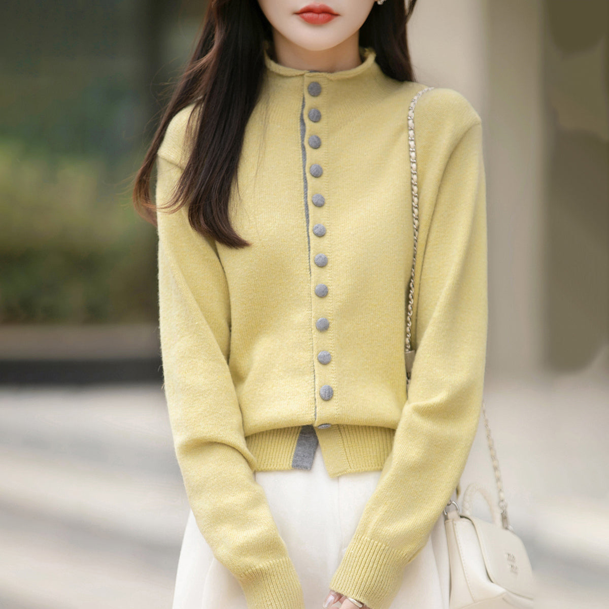 Old Money Style Color-block Knitted Cardigan Womens Chic Contrasting Color Sweater Coat
