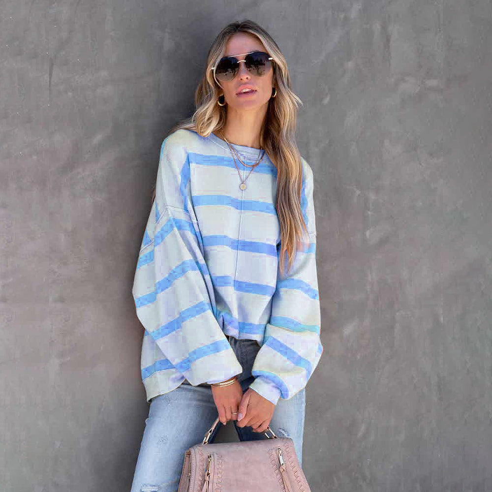 Women's Fashion Striped Printed Long Sleeve Casual Loose Top