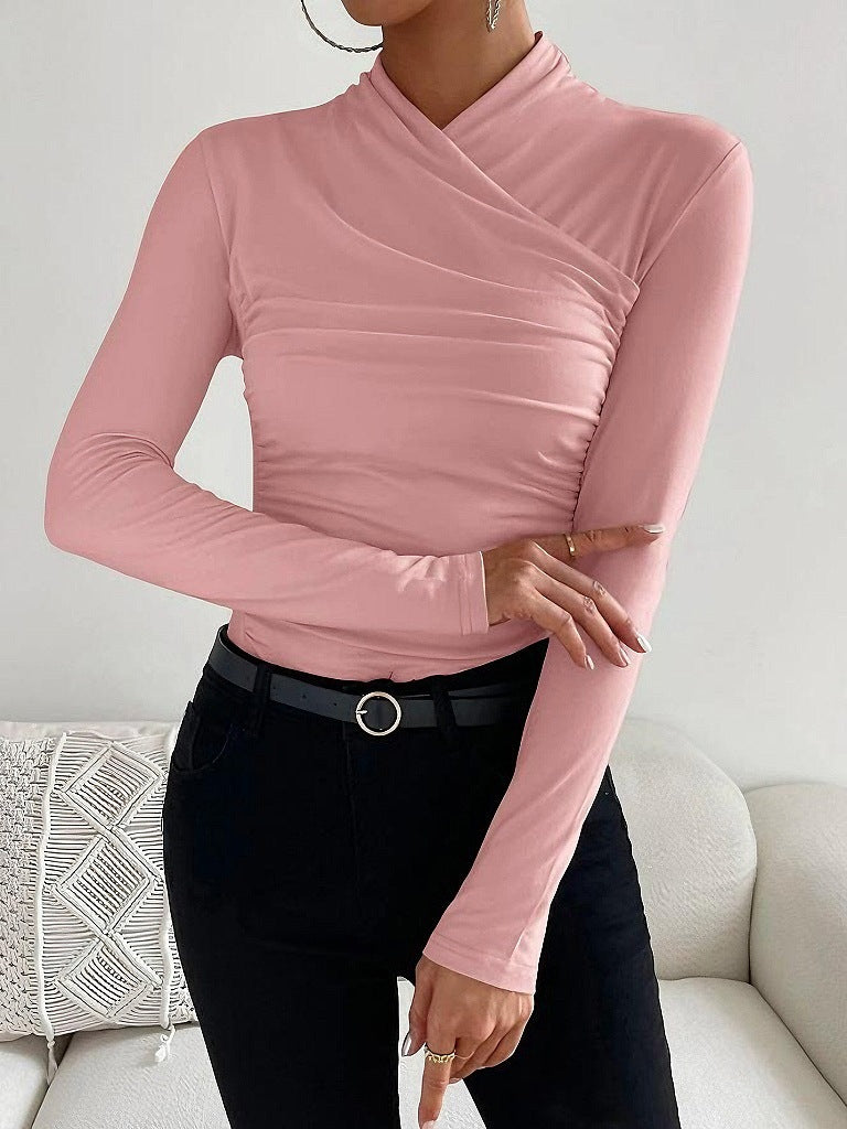 Cross Collar Pleated Slim Long Sleeve Top