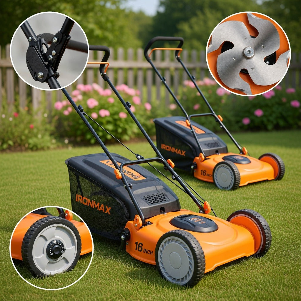16 Inch Push Lawn Mower with 5 Manganese Steel Blades, 7 Gallon Rear Grass Catcher Bag, 4 Adjustable Cutting Heights and 10 Inch Wheels