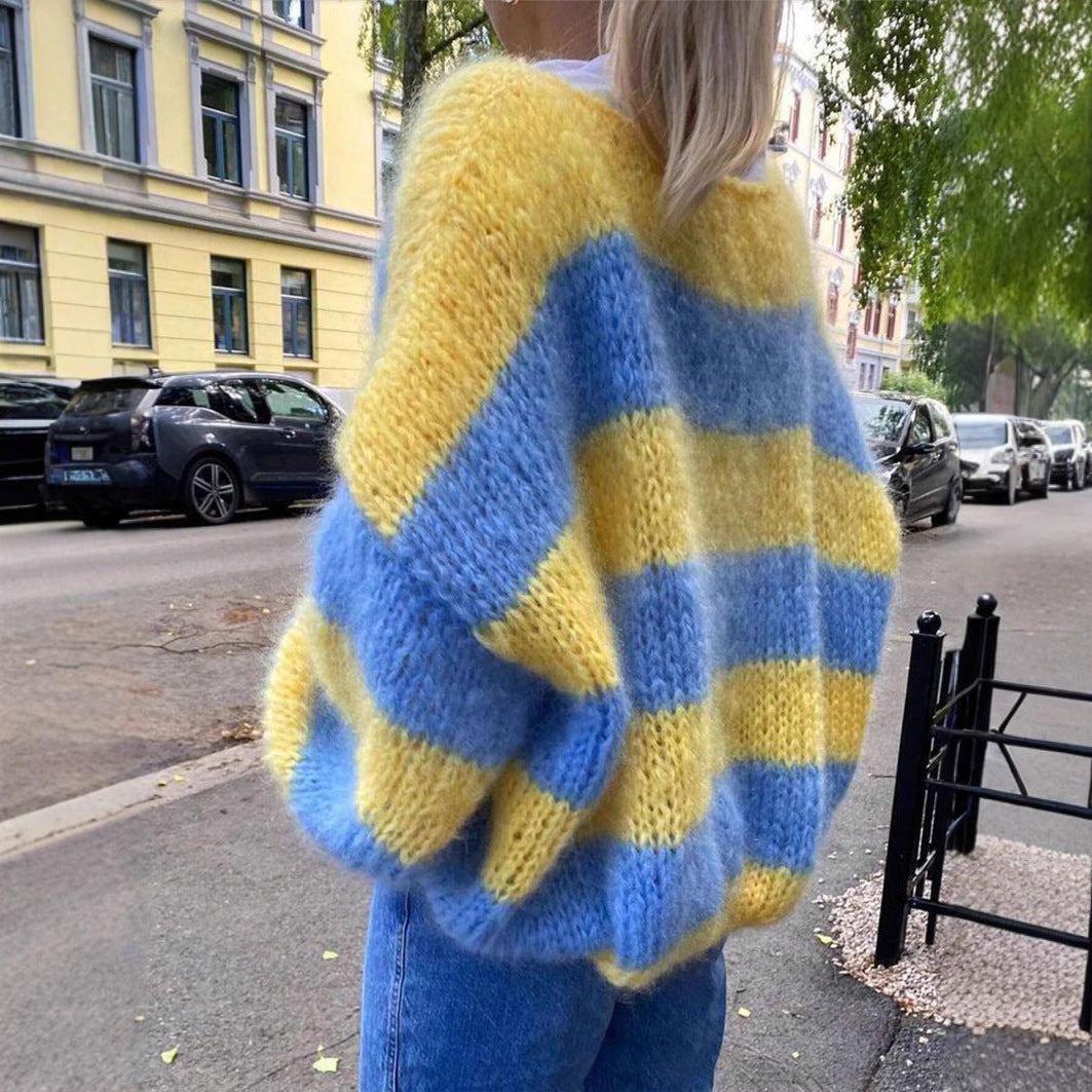 Women's Loose Gradient Stripes Contrast Color Crew Neck Pullover Sweater