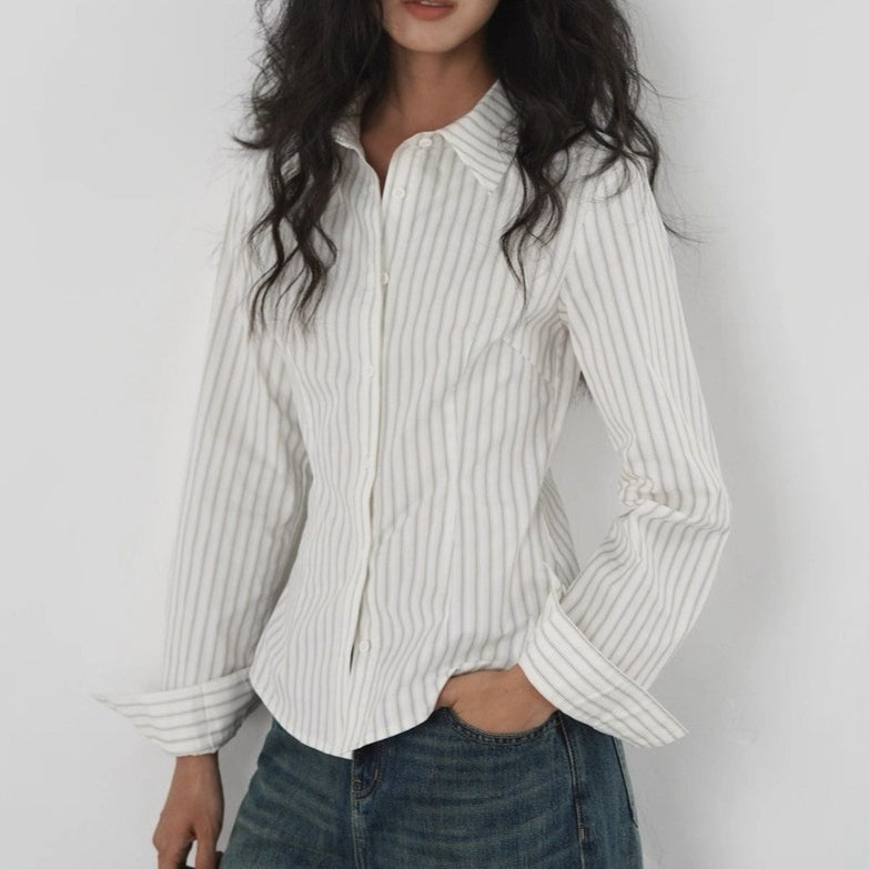 French-style Vintage Vertical Striped Women's Shirt