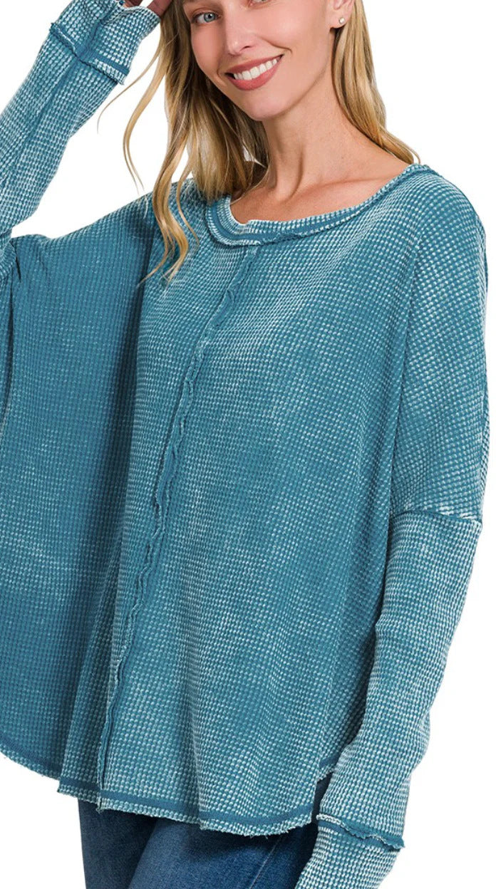 Women's Casual Washed Waffle Long-Sleeve Pullover Top