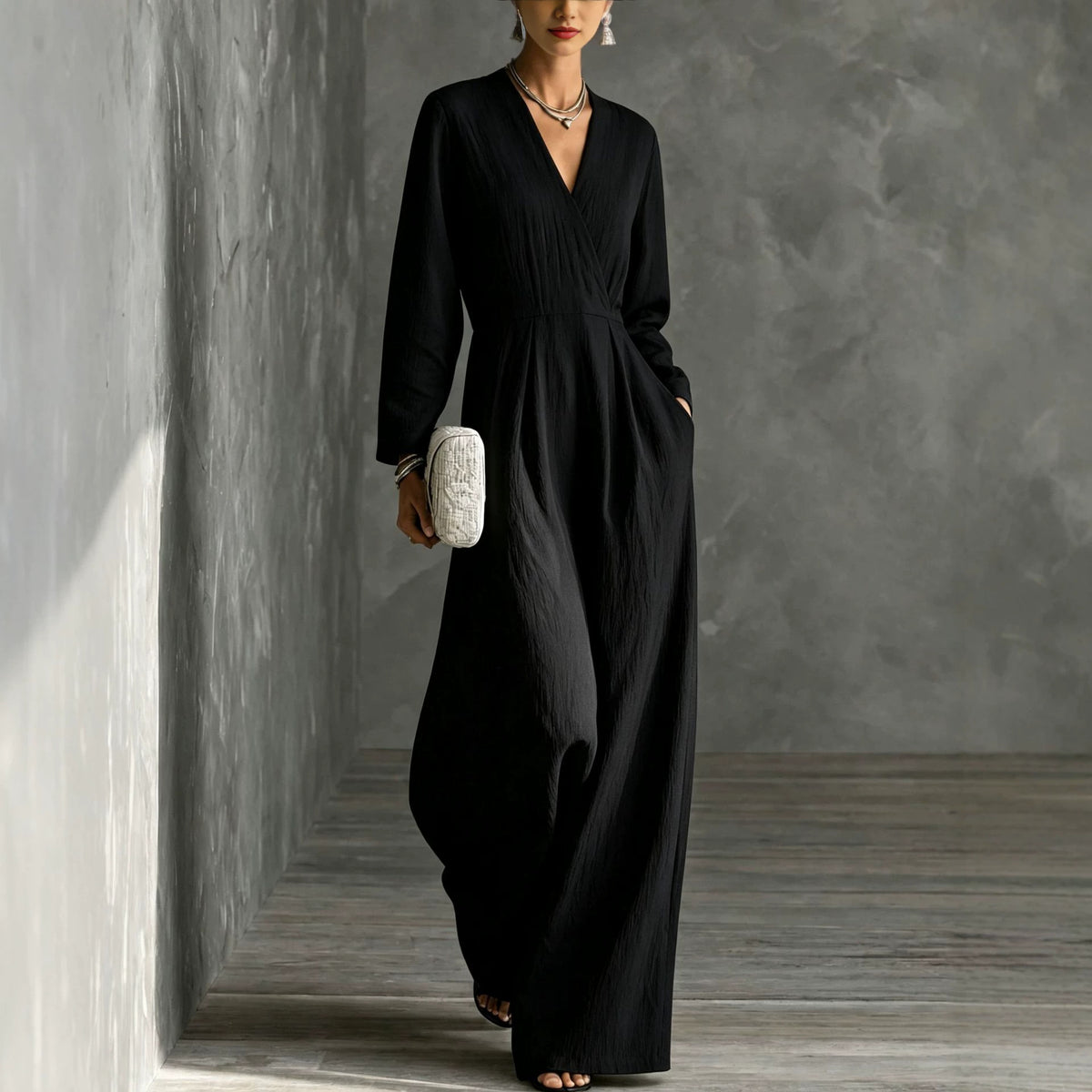 Chic V-Neck Long-Sleeve Wide-Leg Jumpsuit