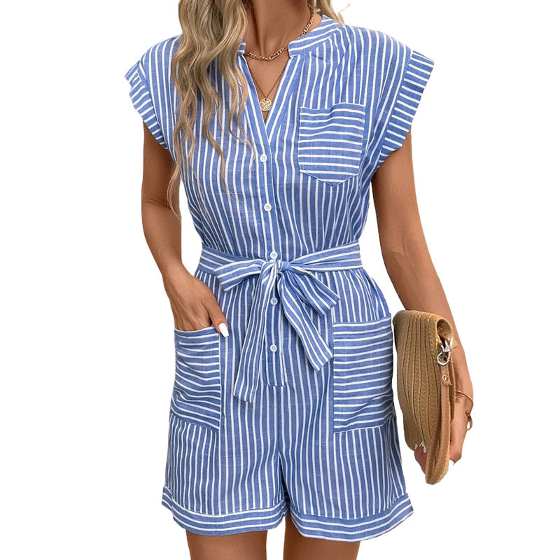 Fashionable Women's Striped Regular Sleeve Jumpsuit