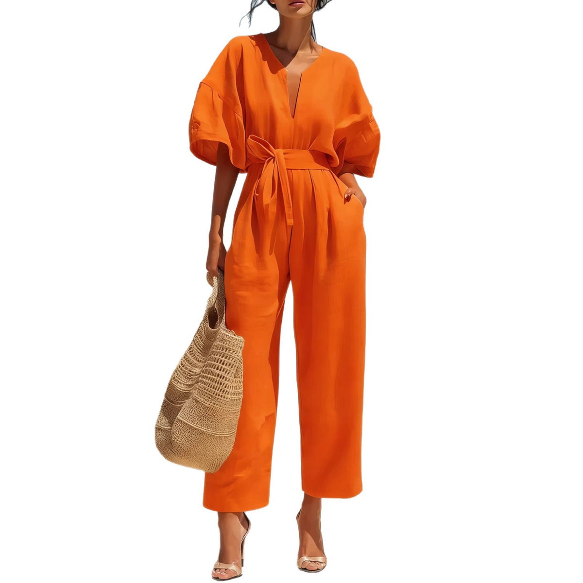 Women's Cotton Linen V-Neck Wide-Leg Jumpsuit