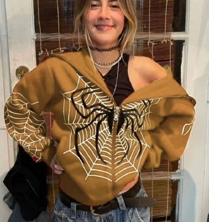 Spider Web Print Zip-Up Hoodie Streetwear Pullover