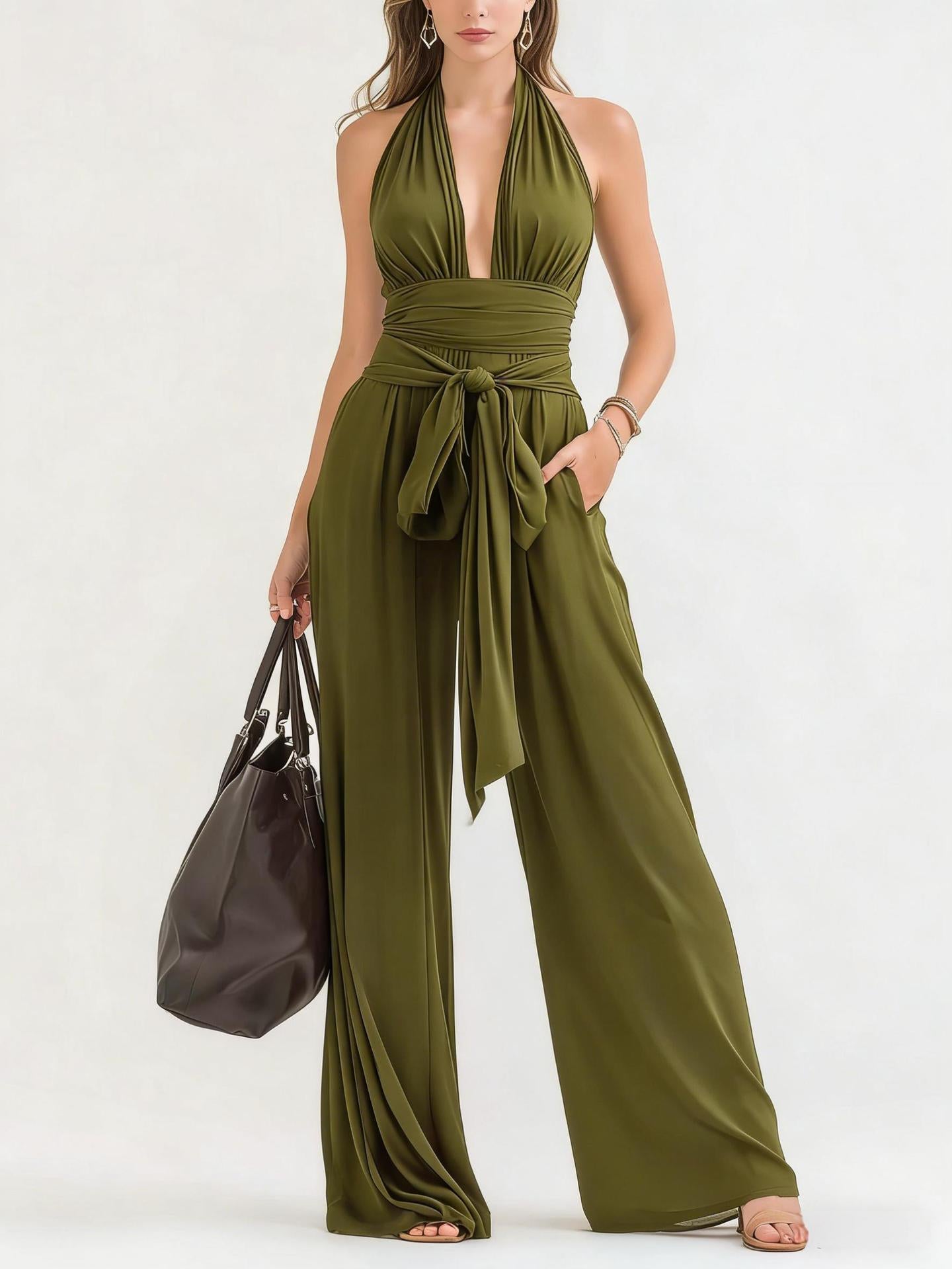 Halter-Neck V-Neck Solid Jumpsuit