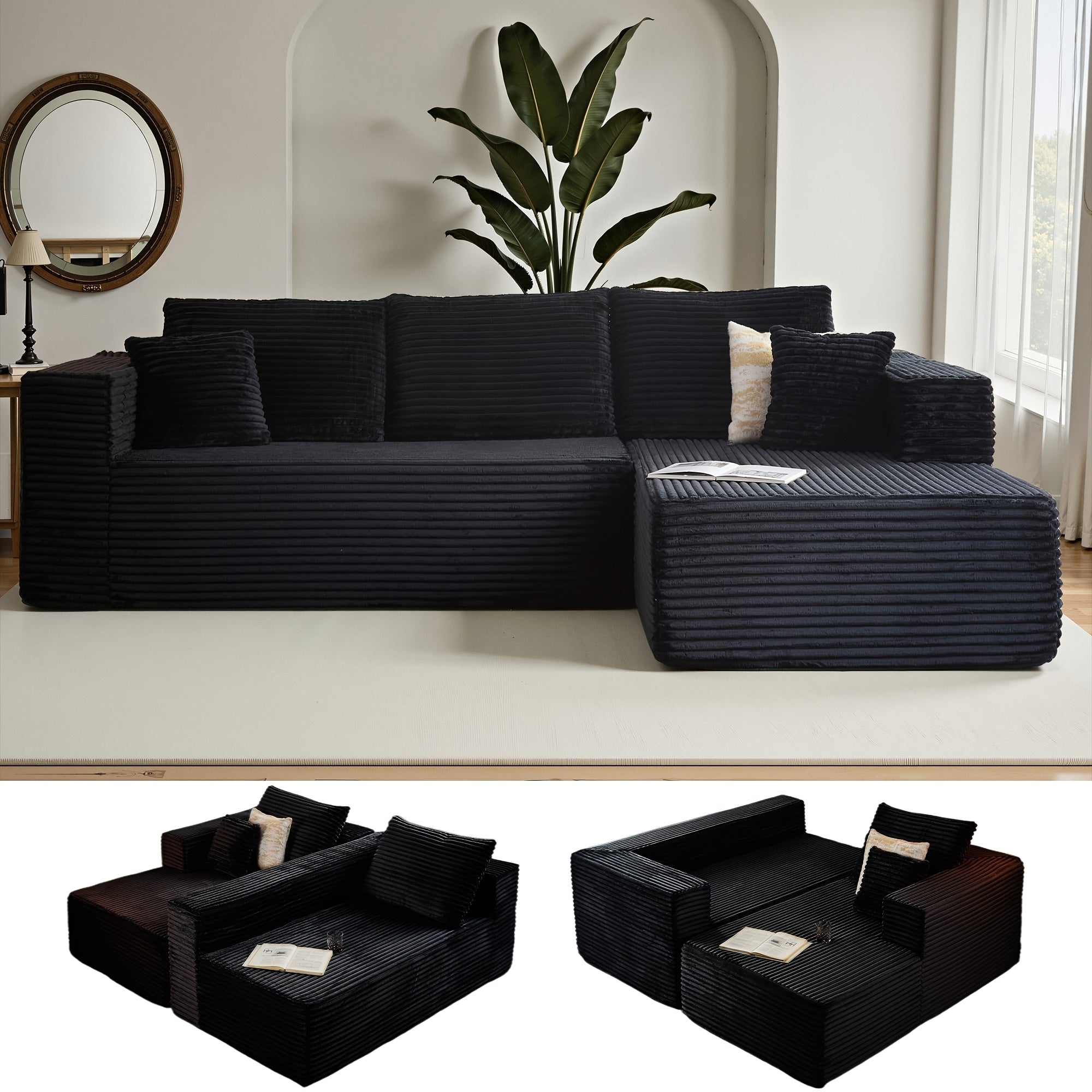 Modular L-shaped chaise longue sofa bed with deep seat and corduroy upholstery