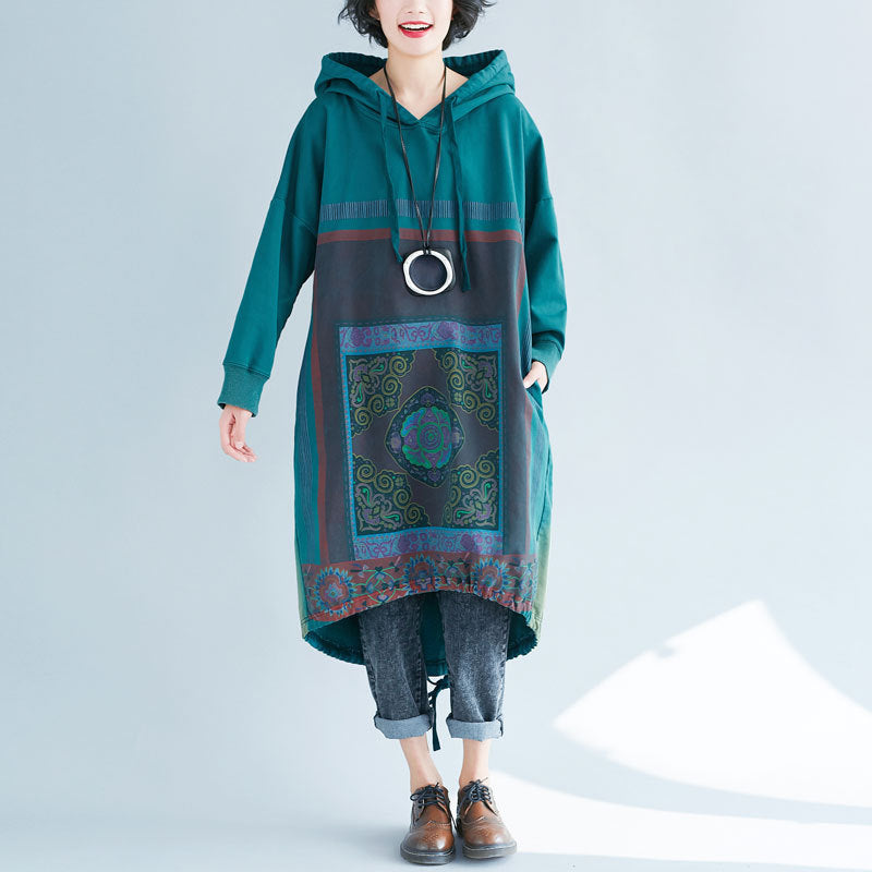 Gradient Print Loose Hooded Sweatshirt Dress