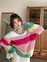 Rainbow Stripe Oversized Pullover Sweater for Women