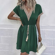 Lace-trimmed V-neck Waist-cinching Dress for Women
