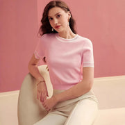 Elegant Pink Color‑Block Knit Top – Casual Japanese‑Korean Style