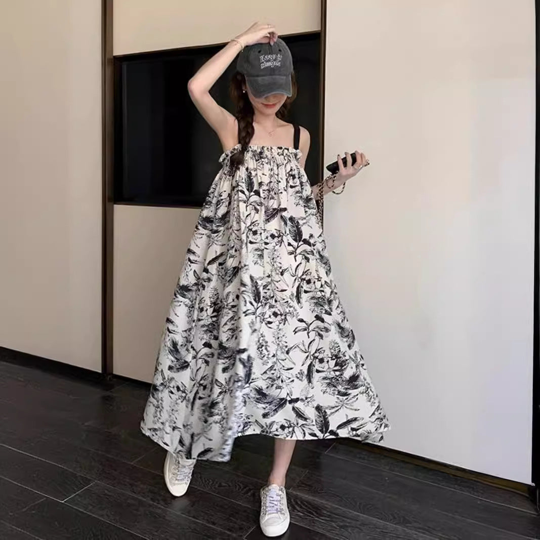 Floral-print Strap Casual Loose-fitting Tube Dress