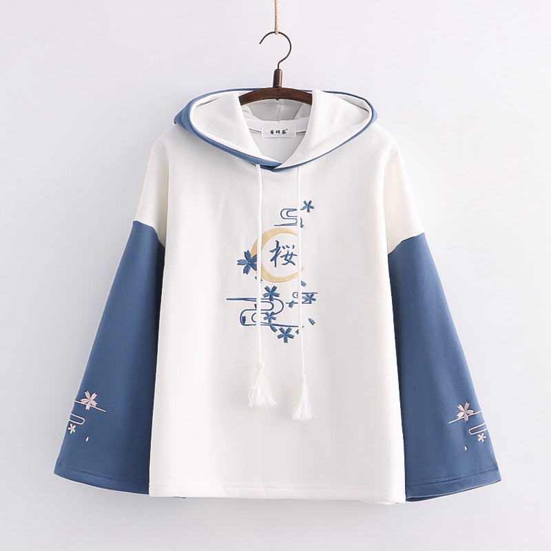 Alphabet Color Matching Sleeves And Velvet Padded Hooded Sweater Women