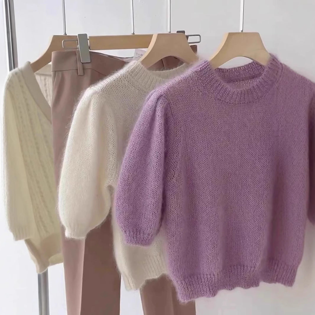 Fluffy Rose & Milky White Wool Knit Top – Cozy Short‑Sleeve Chic