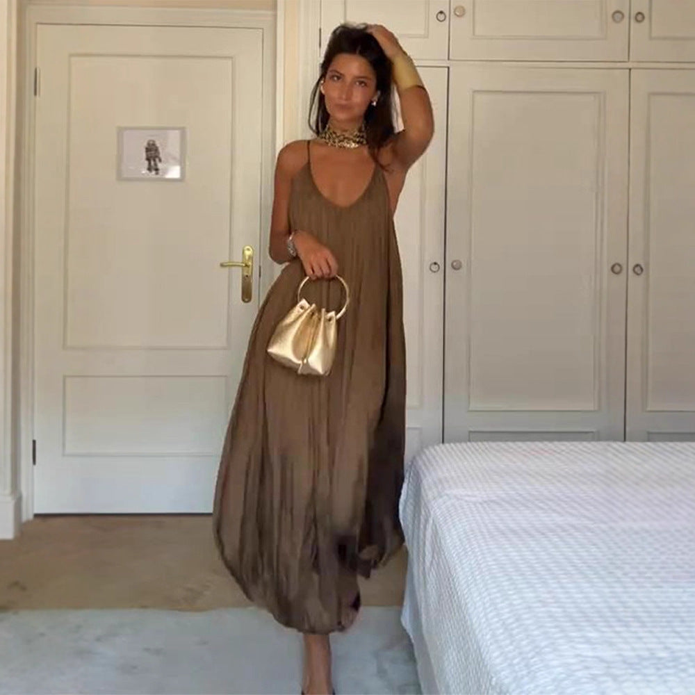 Women's Casual V-Neck Backless Pleated Jumpsuit