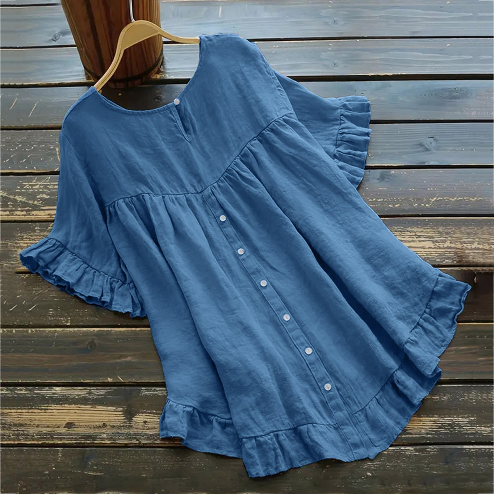 Loose-Fit Cotton-Linen Blouse with Ruffled Hem – Fresh Round Neck Top