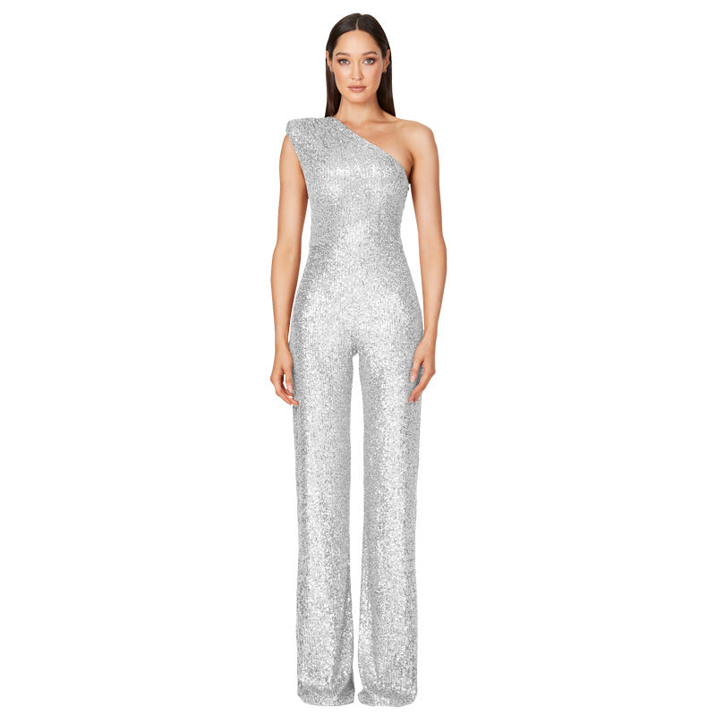 Glamorous One-Shoulder Sequined Wide-Leg Jumpsuit