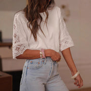 Elegant Lace-Trimmed Batwing Blouse – Loose Fit, Short Sleeve