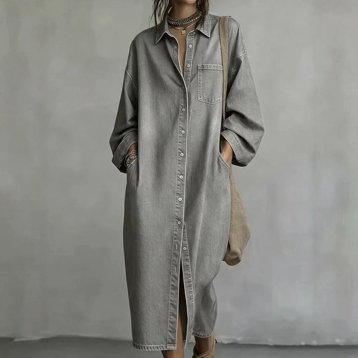 Casual Loose-Fit Denim Shirt Dress