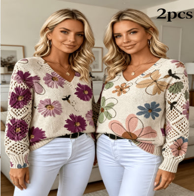 Elegant Bohemian Floral V-neck Long-sleeve Top
