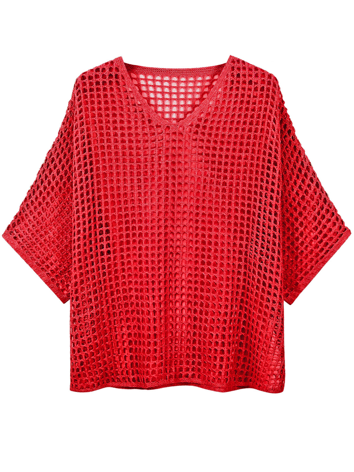 V Neck Hollow Out Knit Tunic Top Batwing Half Sleeve Loose Mesh Cover Up