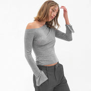 Elegant One-Shoulder Long Sleeve Shirt – Slim Fit, Gray
