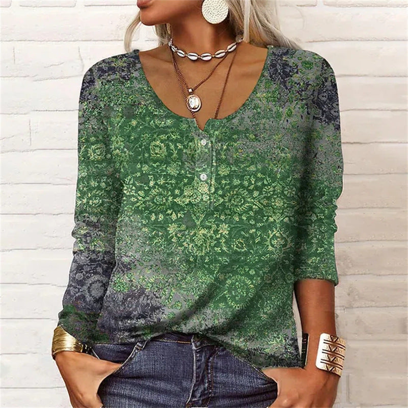 Geometric Floral U-Neck Long-Sleeve Button Tee