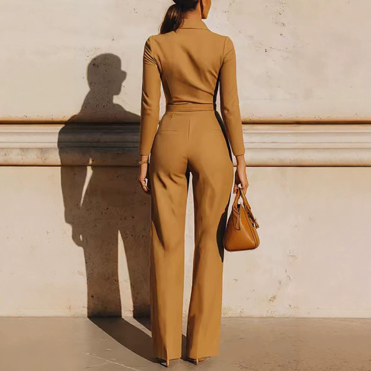 Women's V-Neck Belted Long-Sleeve Zip Jumpsuit