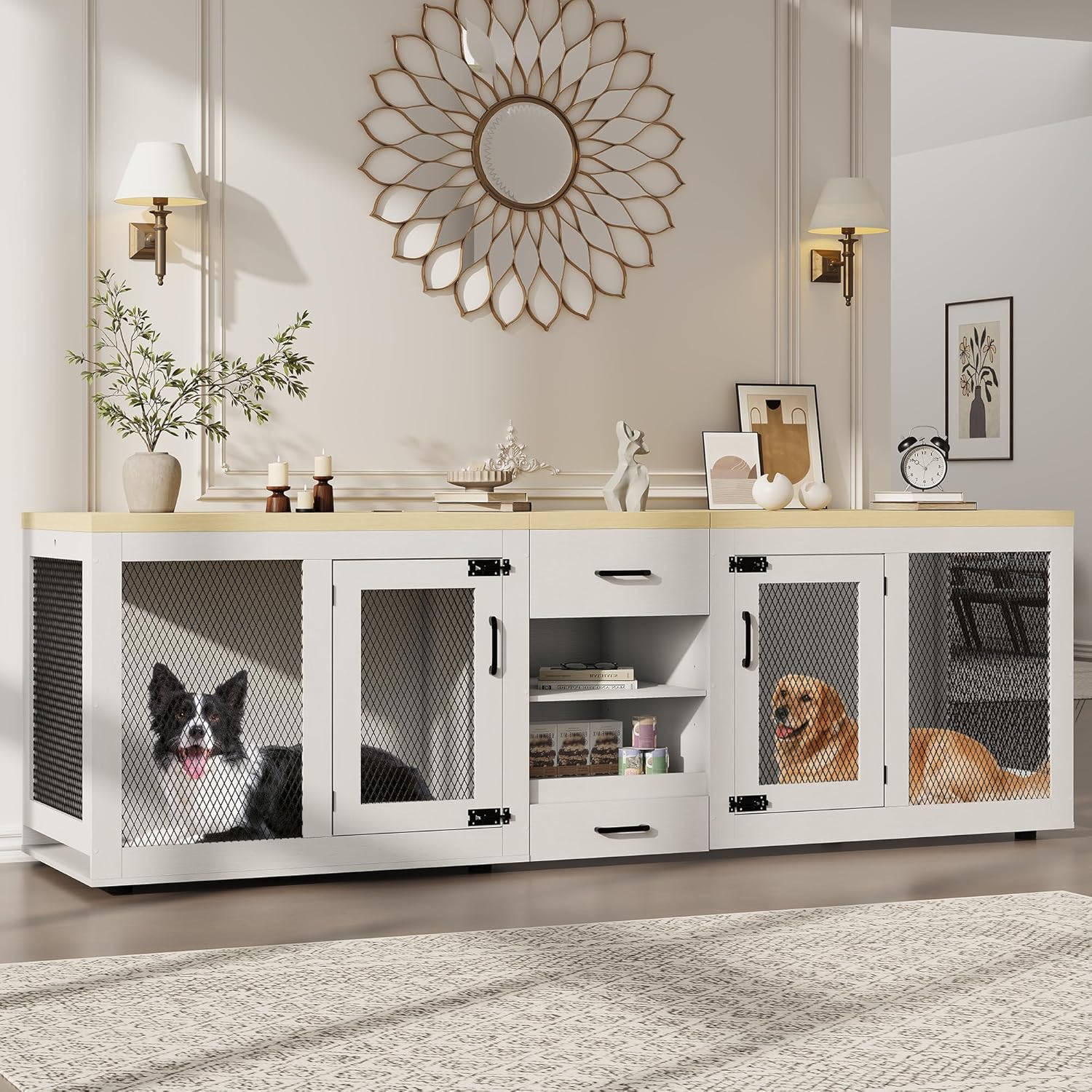 90 Inch Large Dog Crate Furniture, Double Dog Crate With Feeding Station & Storage, Heavy Duty Dog Kennel Furniture For 2 Dogs, Dog Crate Furniture, Extra Large Dog Crate, Dog Crate For Large Dogs,...