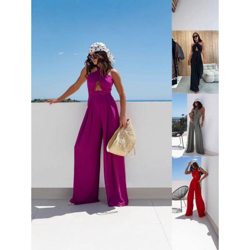 Sexy Halter Backless Waist-Cinching Wide-Leg Jumpsuit