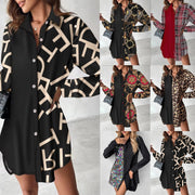 Long Sleeve Printed Patchwork Button Dress Shirt For Women