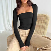 Slim-Fit Square Neck Mock Two-Piece Top – Long Sleeve, Black