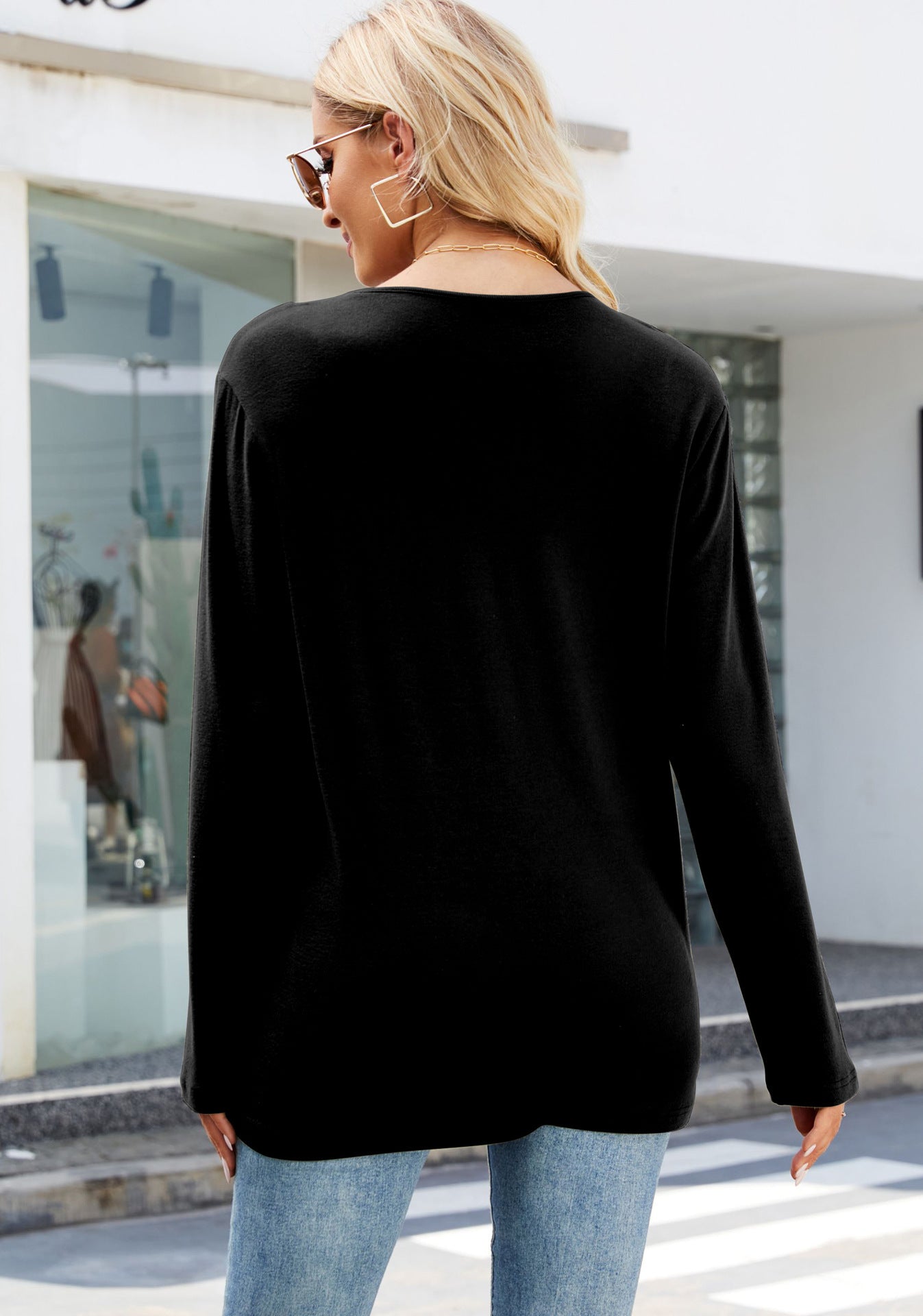 Women's Casual V-Neck Long Sleeve Loose Solid T-Shirt