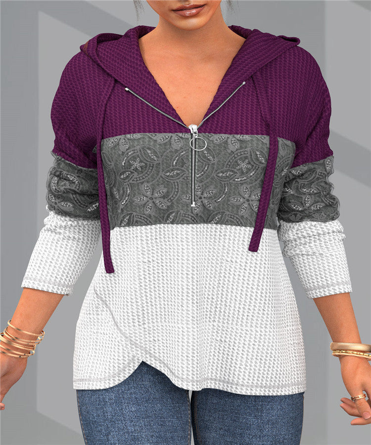 Women's Colorblock Hooded Zipper Sweater