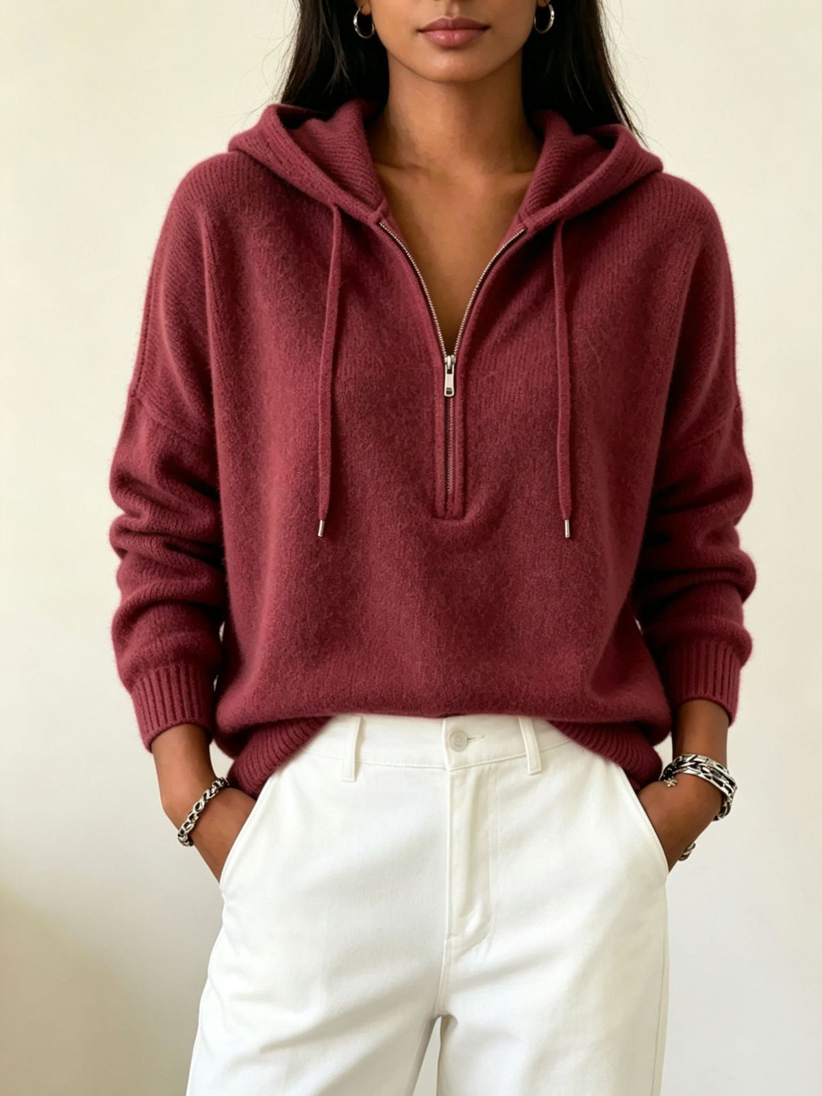 Womens Solid-color Loose-fit Sweater with Drawstring