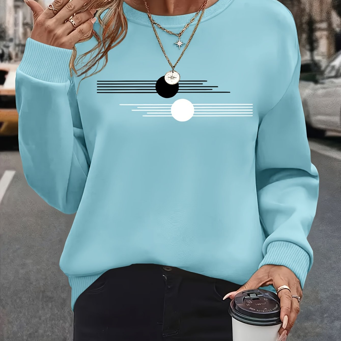 Women's Plus Size Oversized Long Sleeve Crew Neck Sweatshirt with Geometric Pattern