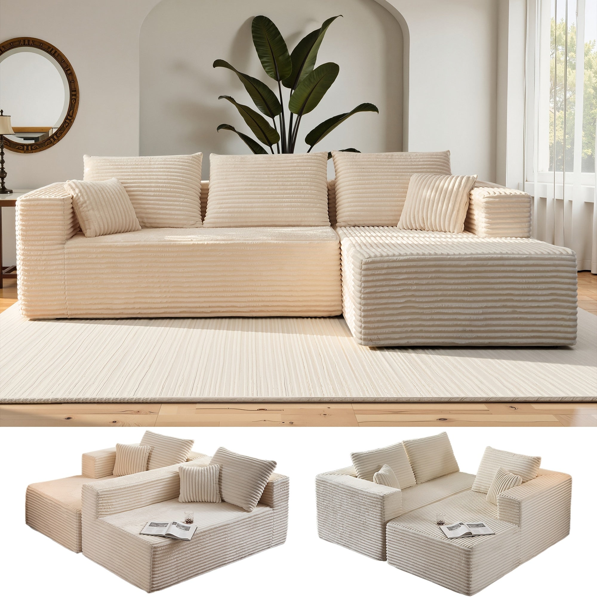Modular L-shaped chaise longue sofa bed with deep seat and corduroy upholstery