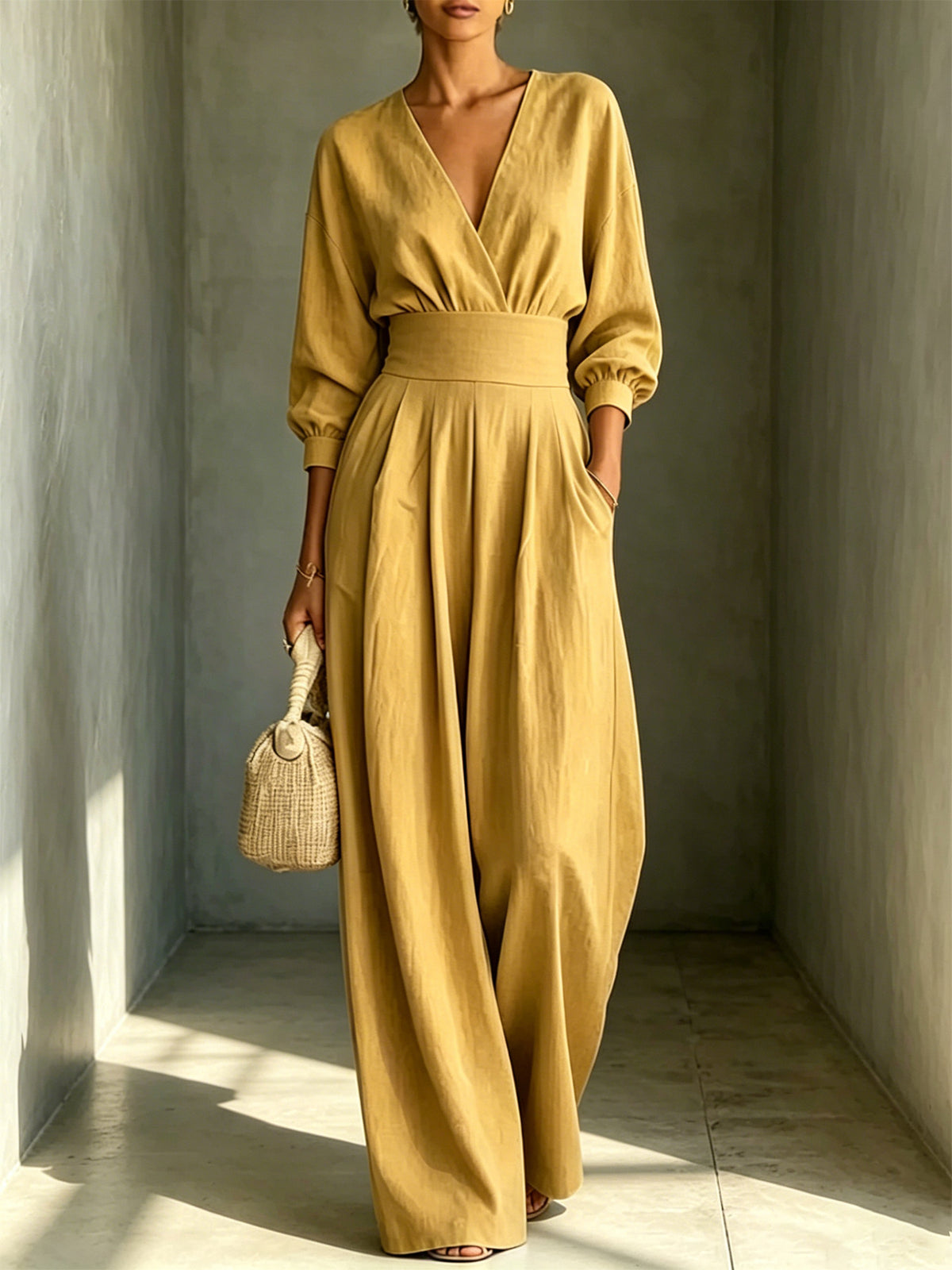 V-Neck Long-Sleeve Fitted Waist Wide-Leg Jumpsuit