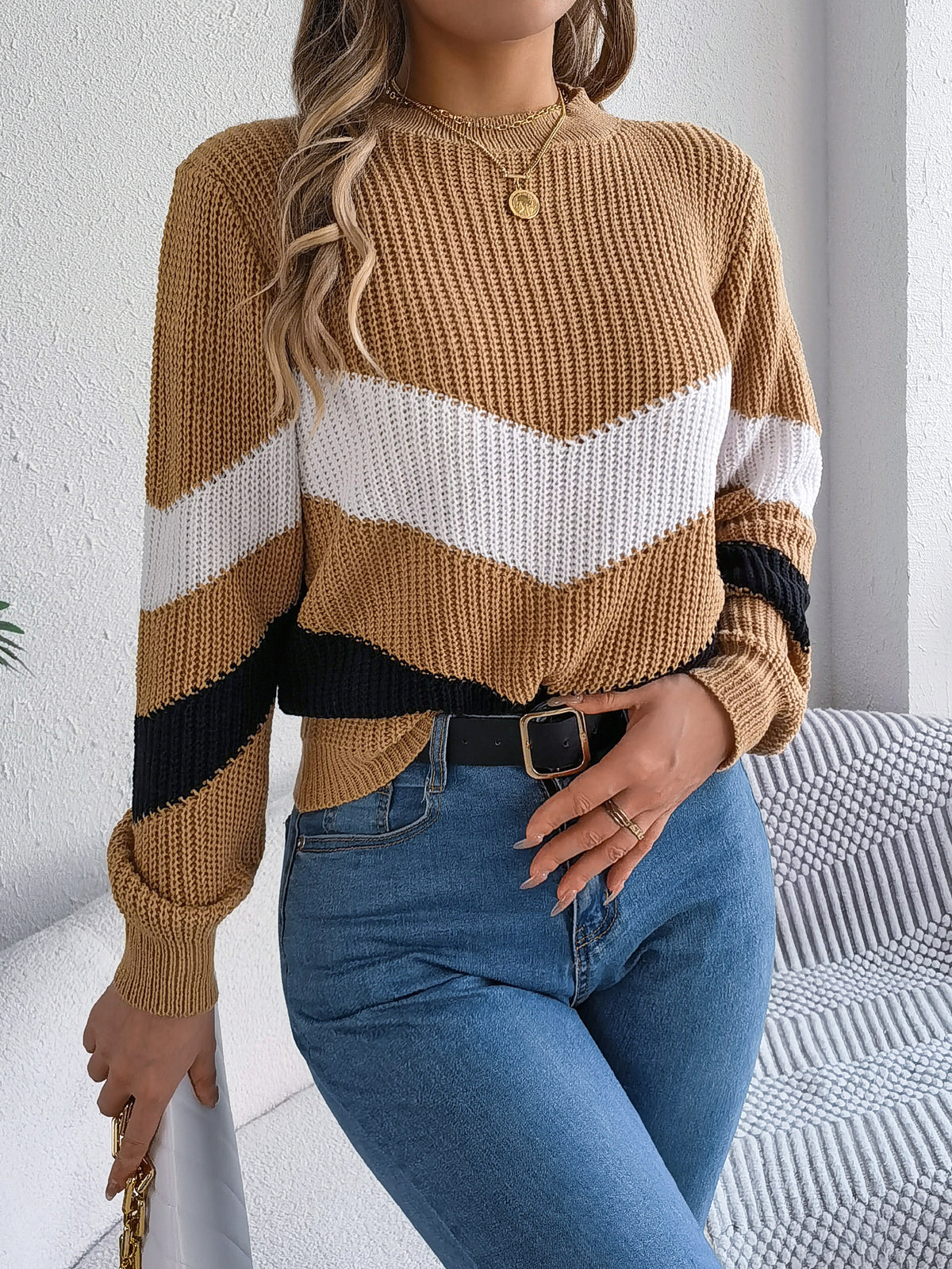 Women Casual Color Block Lantern Sleeve Pullover Sweater