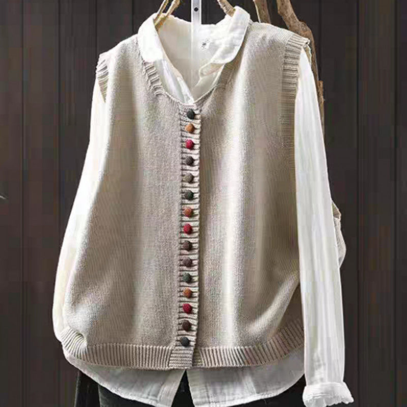 Spring and Autumn Outer Wear Solid Color and V-neck Color Buckle Knitted Cardigan Vest Vest for Women