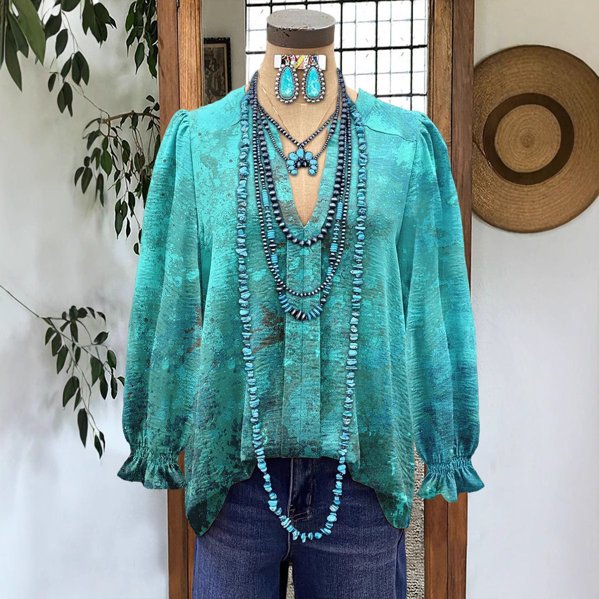 Women's Loose V-Neck Long Sleeve Shirt Casual Top