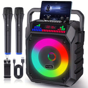 Portable Karaoke System with Wireless Speaker and Two Microphones – Built‑In Lights, Autotune DSP Chip, TWS, TF Card, USB, AUX and Live Functions – Ideal for Home Parties