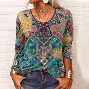 Retro Floral U-Neck Button Long Sleeve Top